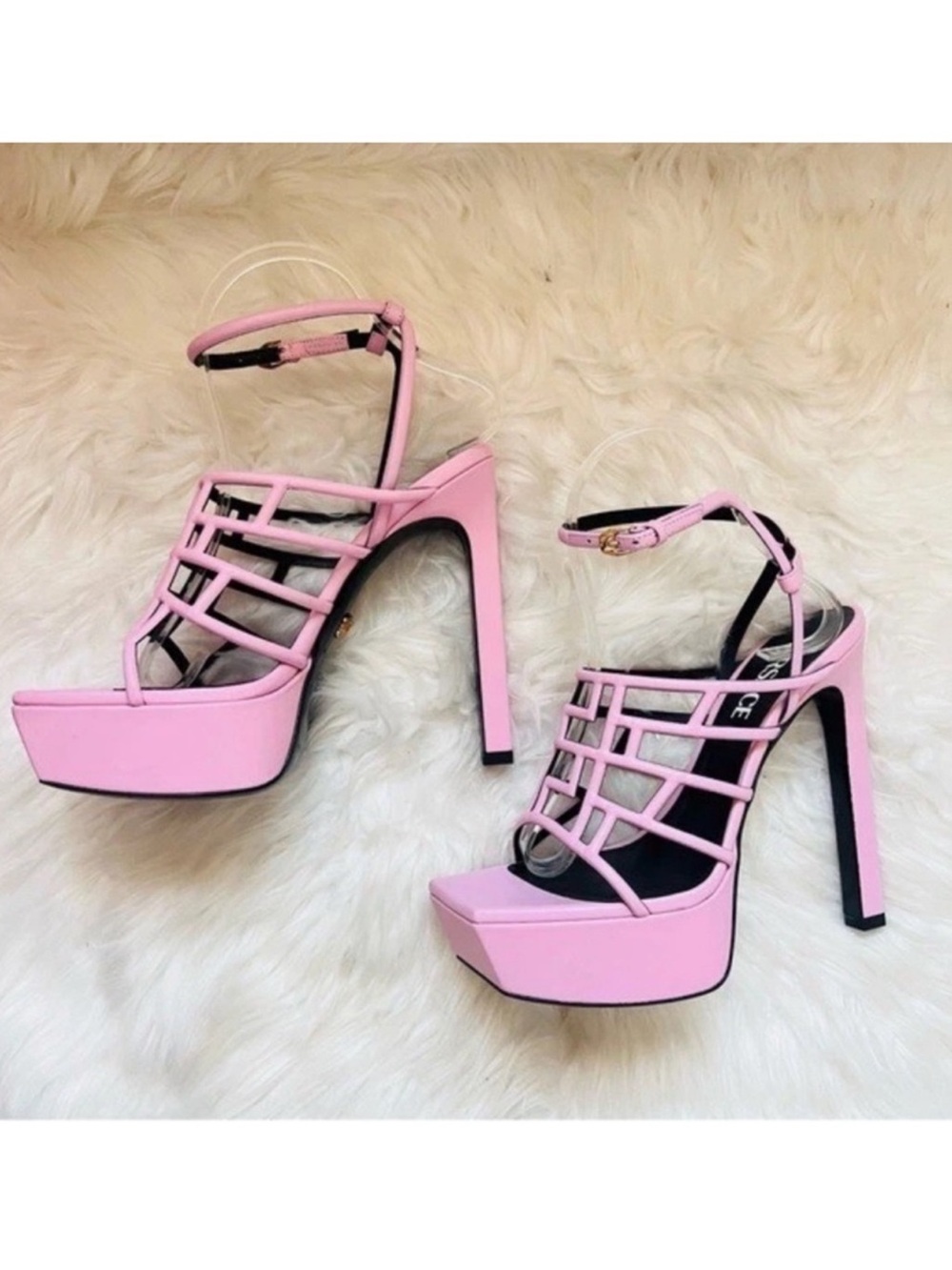 New! VERSACE Greca Maze Pink Leather Platform Sandals Heels IT 38 - Picture 8 of 13